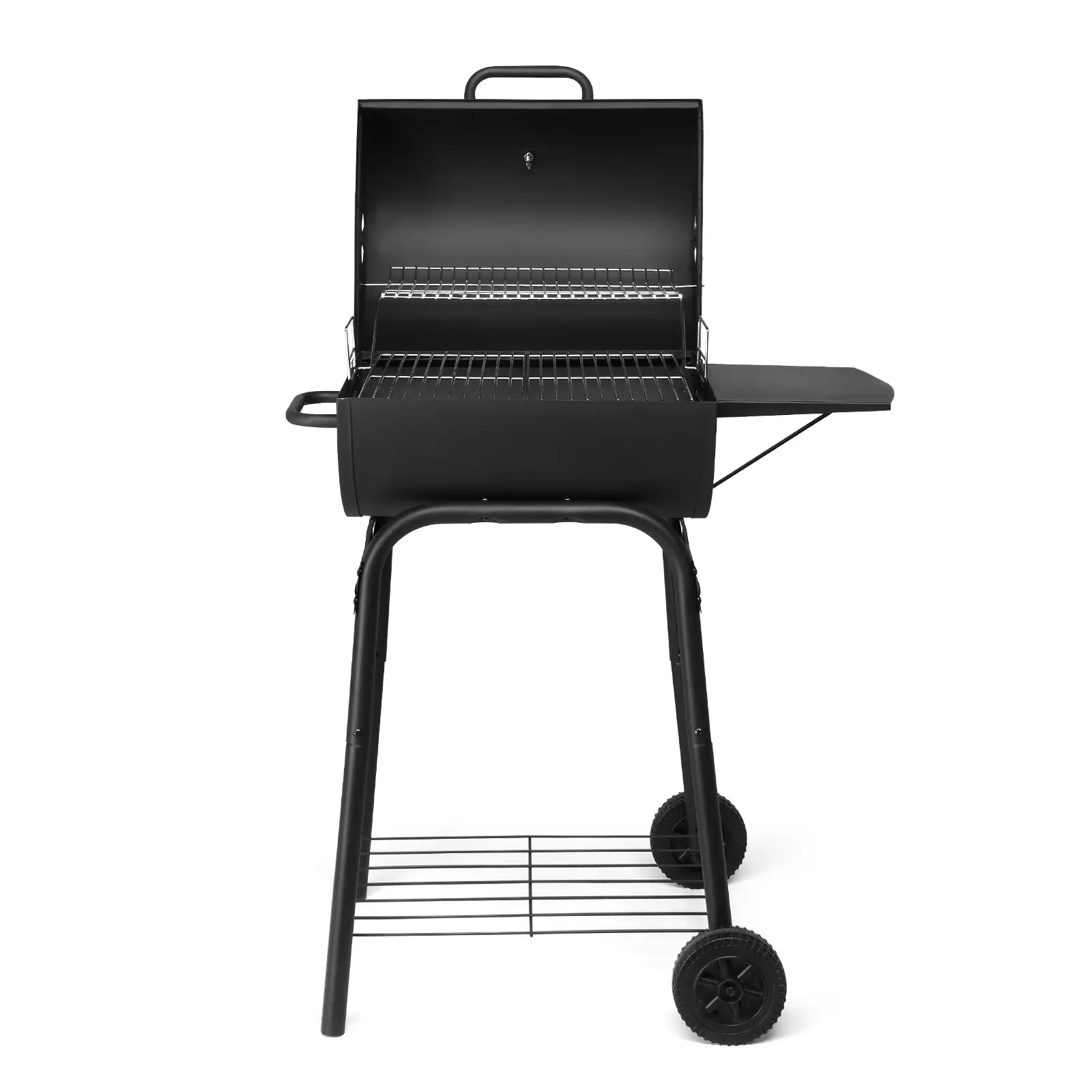 Portable Barrel Shape Powder Coated Charcoal Barbecue Grill with Adjustable Pan, Side Table, Wheels, Large Size Cooking Space, Prep & Storage Space for Outdoor Backyard Family Gatherings