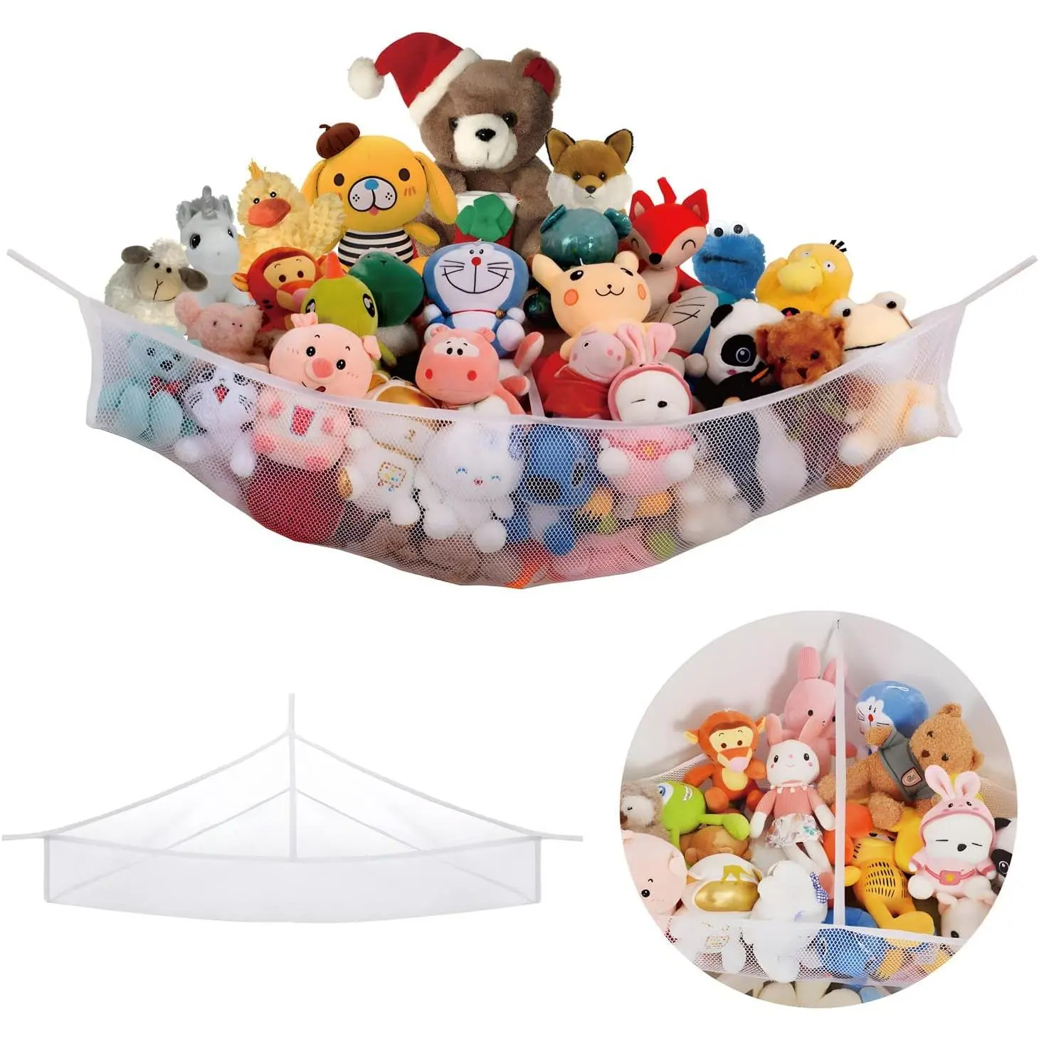 X-Large Corner-Shape Stuffed Animal Net Hammock Home Supplies Toy Organizer, Requires 3'6" Right-Angled Corner Space (Minimum 3'6" Each Side), Hanging Holder for Plushies, Teddy Bears & Squishmallows (White, Hangable), Requires 3'6" Corner Space