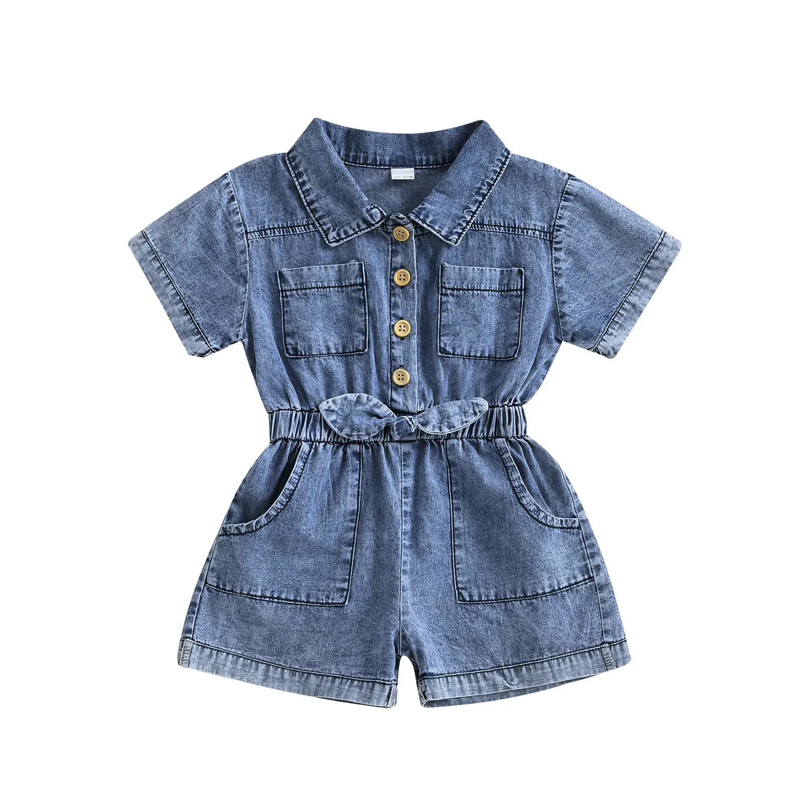Toddler Girls Denim Overalls Shorts Short Sleeves Turn Down Collar Button Down Elastic Waist Jean Romper