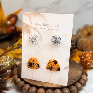 Blue Bay Clay Handmade Clay Spooky Stud Pack of 2 Stud Earrings Black Spider Web Studs & Spider Orange Studs Nickel-free Halloween Jewelry