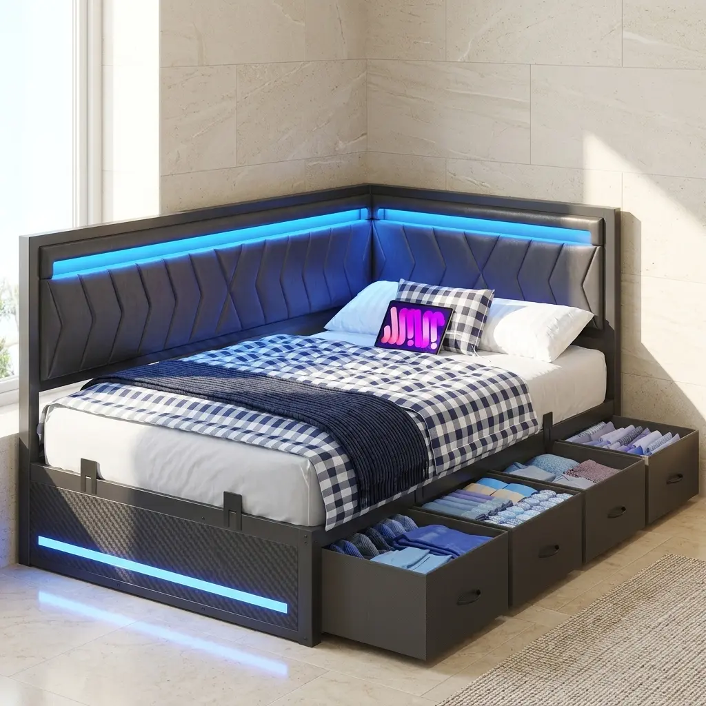 Hasuit Twin/Full/Queen Corner Bed Frame with 4 Drawers, Gaming Bed with with RGB LED Lights and Charging Station, Twin Daybed with Upholstered Headboard and Guardrails, Esports-Style Bed Frames