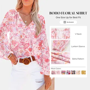 Shewin 2026 Spring/Summer Women's Romantic Ditsy Floral Chiffon Peplum Ruffle V-neck Long-Sleeve Boho Cottagecore Blouse Soft Girls Coastal Grandma Aesthetic Summer Shirt S-XXL - Womenswear