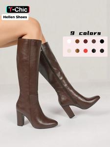 women's vintage fashion chunky heel high boots, slimming leg design, perfect for work & dates, coats/dresses/skirts, fall/winter essential