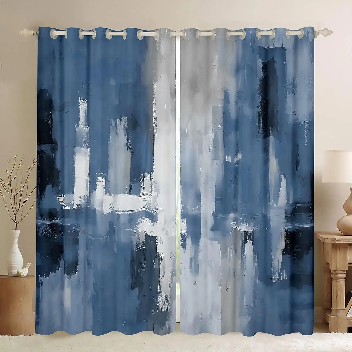 Dusty Blue Curtains Bedroom Living Room Abstract Rust Art Blackout Shades Geometric Modern Chic Room Darkening Curtain Farmhouse Window Treatments,2 Panels Decor