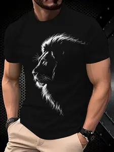 Men's Streetwear Lion Print Short Sleeve T-Shirt, 3D Breathable Round Neck, Casual Fashion for All Seasons, Geometric Design