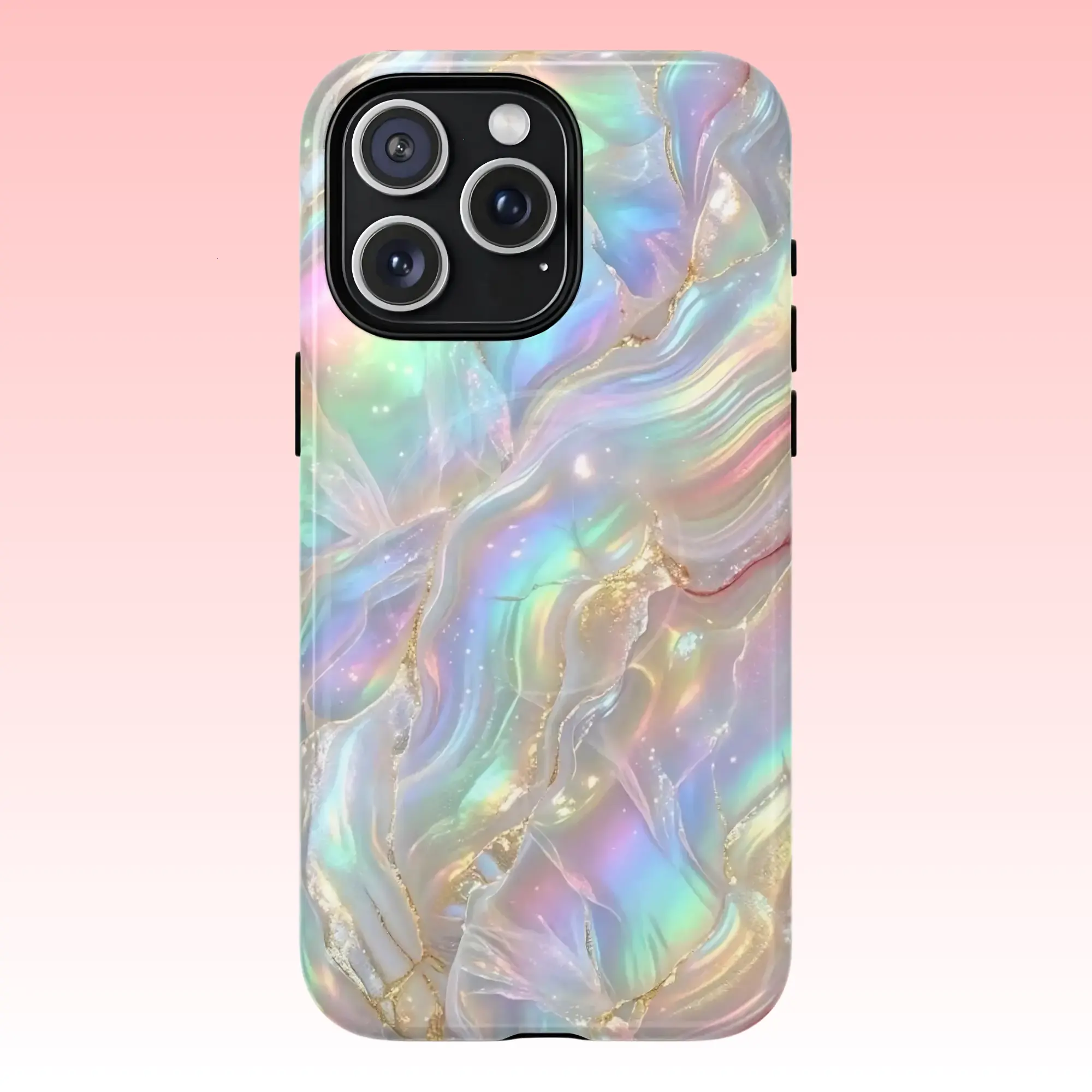 Rainbow Moonstone Fire Opal Motif iPhone Magsafe / Tough Phone Case, Holographic Gold Marble, Fits iPhone 17 16 15 14 13 12