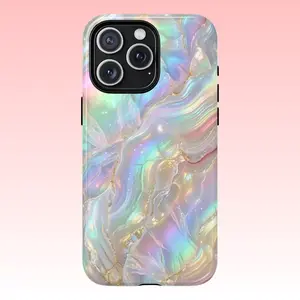 Rainbow Moonstone Fire Opal Motif iPhone Magsafe / Tough Phone Case, Holographic Gold Marble, Fits iPhone 17 16 15 14 13 12