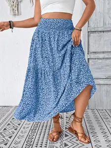 Plus Size Floral Midi Skirt - Smocked Waist, Side Pockets (Casual/Work)