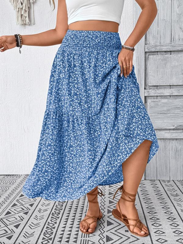Plus Size Floral Midi Skirt - Smocked Waist, Side Pockets (Casual/Work)