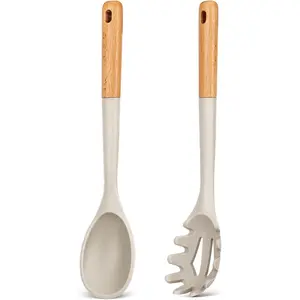 Silicone Pasta Fork And Cooking Spoon, Kitchen Heat Resistant Noodle Spoon Server, BPA Free Spaghetti Strainer,12.8 inch
