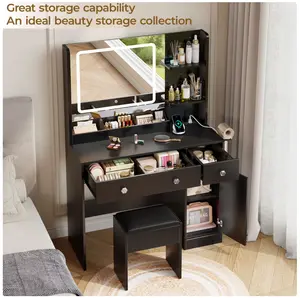 Vanity Set with Mirror & Lights, GRWM Vanity Desk with Drawers & Storage Shelves, Makeup Dressing Table with Stool & Charging, Black