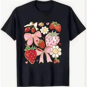 Cute Strawberry Bows Flowers Hearts T-shirt Kawaii Aesthetic Design Sweet Girly Top Whimsical Soft Girl Gift For Her Birthday Present Fruit Lover Shirt Cottagecore Style