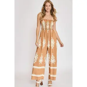 Umgee Full Size Smocked Printed Wide Leg Jumpsuit Plus Size