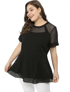 Agnes Orinda Plus Size See-Through Round Neck Tee Short Sleeve Swing Peplum Mesh Lace Top