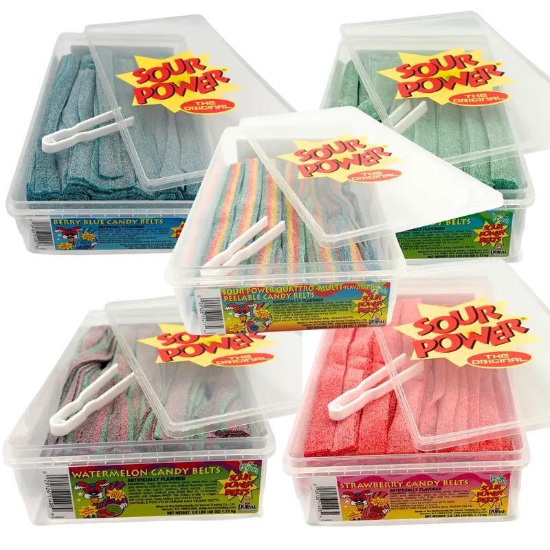 Sour Power Sour Strips 5 Flavors - Quattro(Rainbow) - Blueberry - Watermelon - Strawberry - Green Apple  - 2.5lbs Each Tub - 144 Sour Strips Per Tub - Pick your Flavor