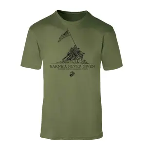 Earned, Never Given USMC Graphic T-Shirt, Premium Soft Cotton Blend Fabric, Iconic Iwo Jima Flag Raising Design, Classic Olive Military Heritage Apparel, Meaningful Patriotic Gift for Marines & Veterans