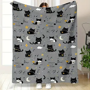 Cute Black Cat Lover Gift Soft Cozy Flannel Blanket - Moon Star Music Note Cartoon Cat Print Plush Throw, Warm Fuzzy Bedroom Sofa Blanket, Perfect Gift for Cat Mom Women Girls Kids for Birthday Holiday Home Decor
