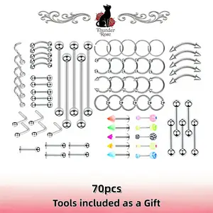 Assorted Body Piercing Jewelry Pack, 70 Pieces of Stainless Steel Rings and Barbells, Suitable for Multiple Piercing Locations Including Ears, Nose, Lips, and Belly Buttons