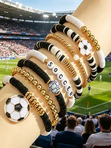 8pcs Soccer Bracelet Stack Set, Softball Baseball Basketball Soccer Volleyball Tennis Stretch Sports Fans Jewelry, Beaded Bracelets with Charms
