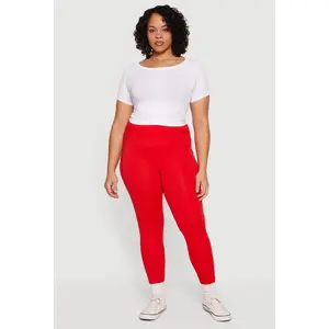 Plus Size Solid High Waisted Leggings with Cell Phone Pockets