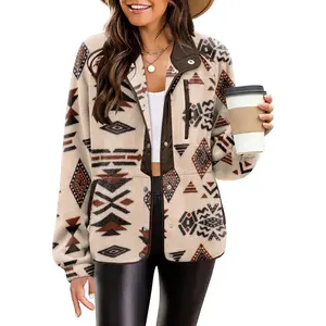 Women's Cozy Fleece Jacket Western Aztec Print Snap Button Down Coat with Pockets Casual Warm Outwear 2025