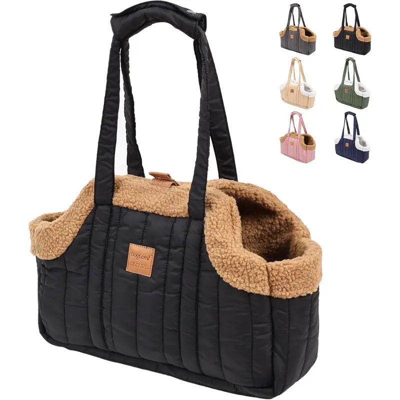 Small Dog Bag, Winter Wool Warm Dog Handbag, Equipped with Safety Harness Clip, Suitable for Puppies and Kittens, Waterproof Pet Travel Handbag, Ideal for Shopping, Hiking, and Walking (Black)