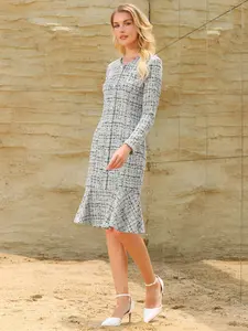 INSPIRE CHIC Women's Tweed Dress Long Sleeve Wedding Cocktail Bodycon Fishtail Dresses White