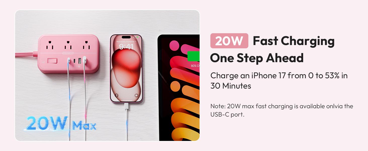 Pink Extension Cord Surge Protector Power Strip with 6 Outlets 4 USB Ports(20W), Flat Extension Cord with Multiple Outlets, 5 ft Flat Plug Outlet Extender for Indoor, Home, Office
