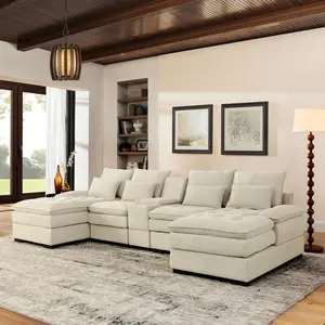 130" U-shaped Sofa with Console, Cupholders, 6-seat Upholstered Primary Living Space Furniture, Sleeper Couch Set with Chaise for Living Room, Apartment, Beige