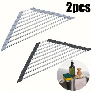 Set of 2 Drain Racks, Triangular Corner Dish Holders, Collapsible Stainless Steel Drainers, Space-Saving Sink Storage Solutions, Ideal for Kitchen And Bathroom, Home Organization And Storage Additions