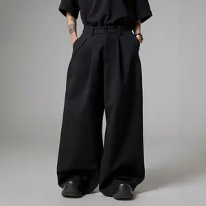 Men’s baggy wide-leg pleated pants with a zipper fly, long casual work trousers with pockets