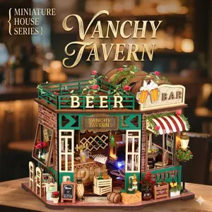 DIY Book Nook Kit, Vintage Tavern Miniature House 3D Wooden Puzzle, Bookshelf Insert Diorama with LED Light, Home Decor Gift, DIY Building Model