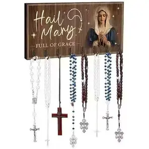Large Wooden Wall-Mounted Rosary Holder Featuring 8 Hooks