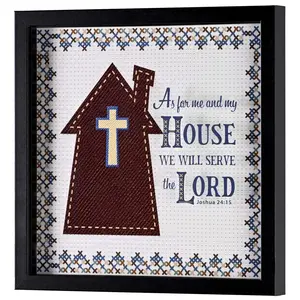 360 stand MDF Wood Brown Framed Bible Verse Cross Stitch Wall Art - FRMWDBL-1212-1, Artistic Decorative Art, Shadow Box Design, Glass Cover, Included Hanger, Dimensional "As For Me And My House" Home Decor Poster Print, Decoration, Letter Cross Print