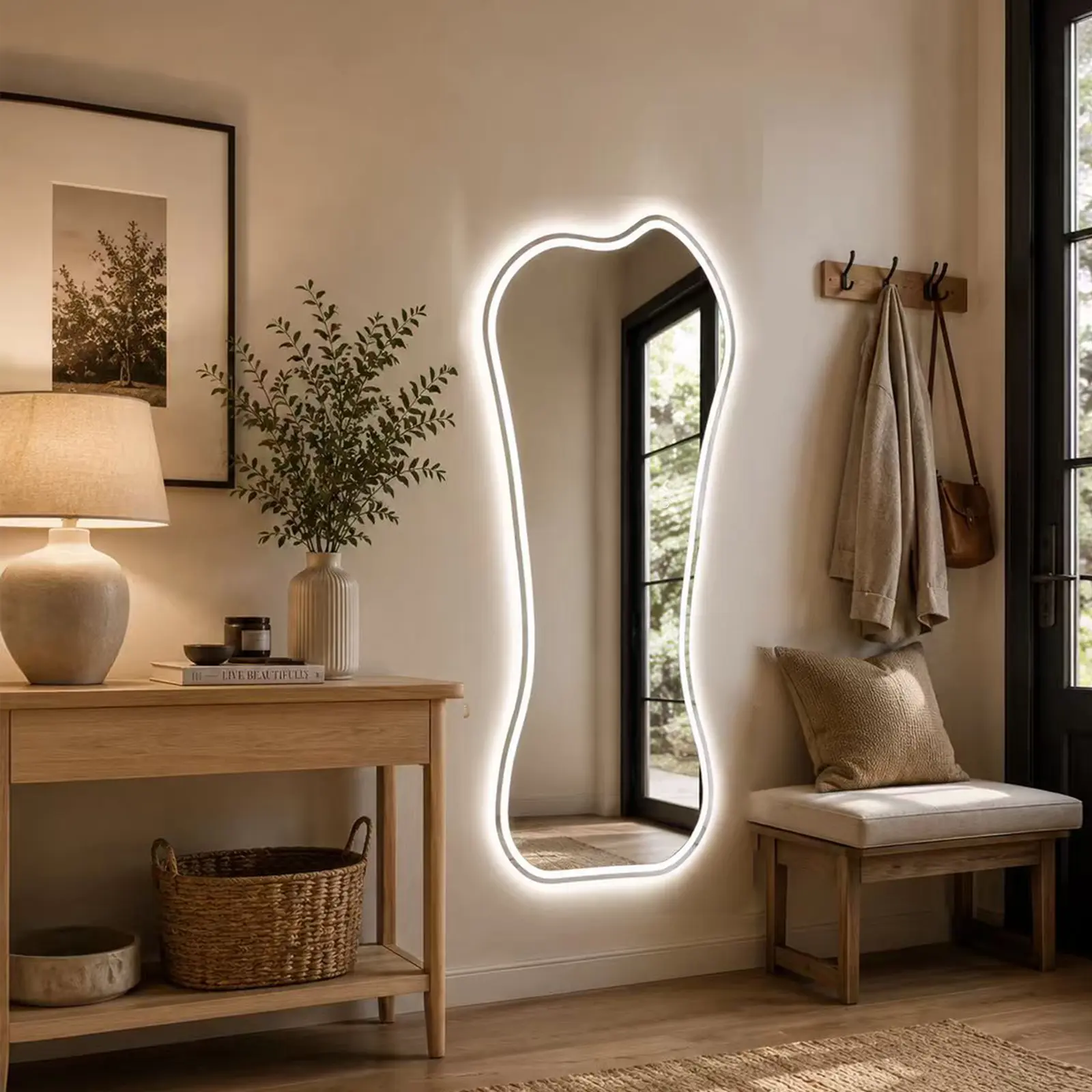 65" x 25" Irregular Organic LED Full Length Wall Mirror, Unique Wavy Tempered Glass Dressing Mirror with 3 Color Lighting, Dimmable Touch Control for Bedroom Closet Entryway