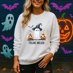 Feeling Wicked Ghost Sweatshirt | Funny Halloween Pumpkin Crewneck | Cozy Unisex Heavy Blend™ Pullover | Spooky Season Oversized Sweater | Viral TikTok Halloween Outfit