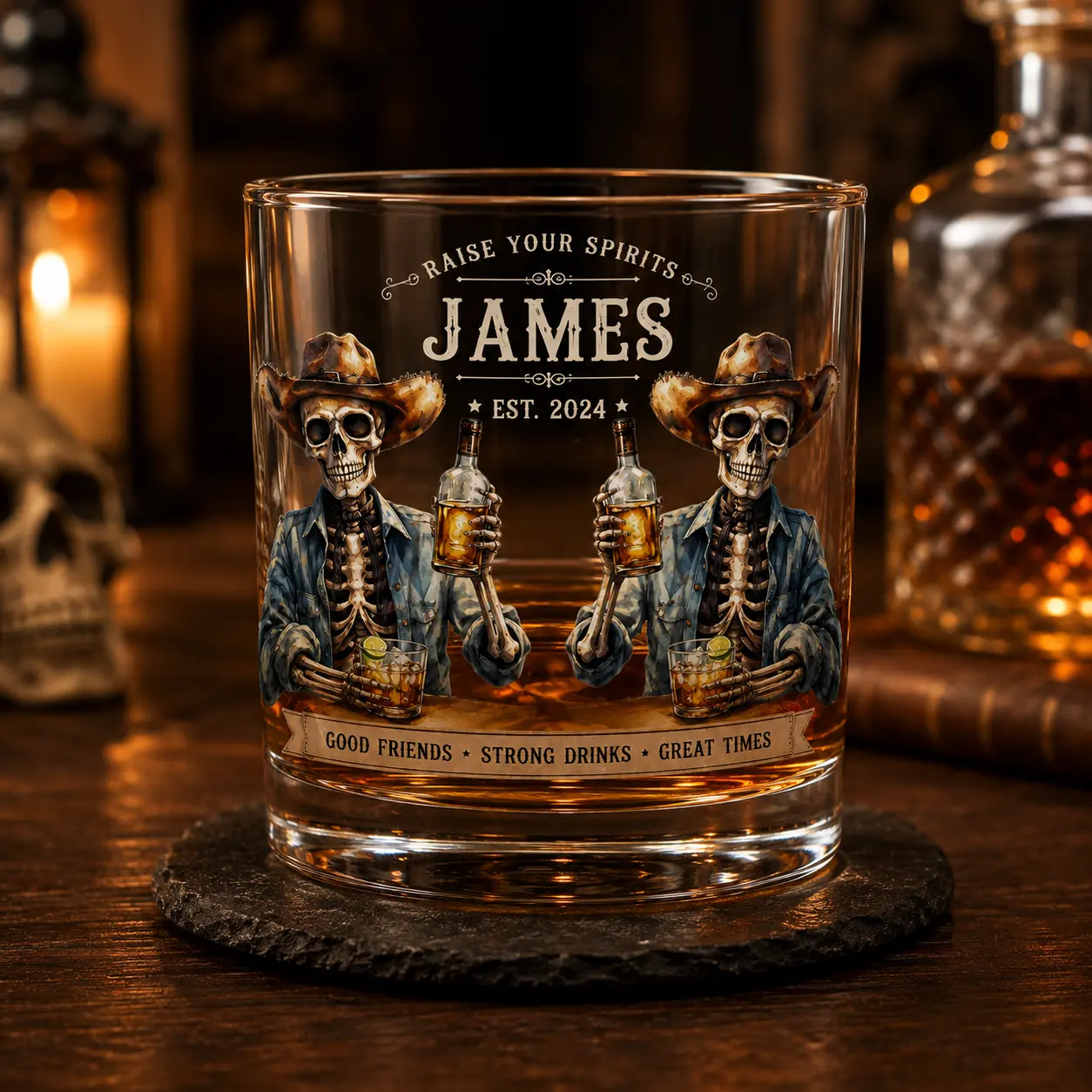 Skeleton Cowboy Bourbon Glass, Western Whiskey Glass, Raise Your Spirits Personalized Rocks Glass, Good Friends Strong Drinks Great Times Gift, Father's Day Gift, Birthday Gift For Men, Bourbon Lover Gift, 11oz Whiskey Glass, Custom Name Whiskey Glass