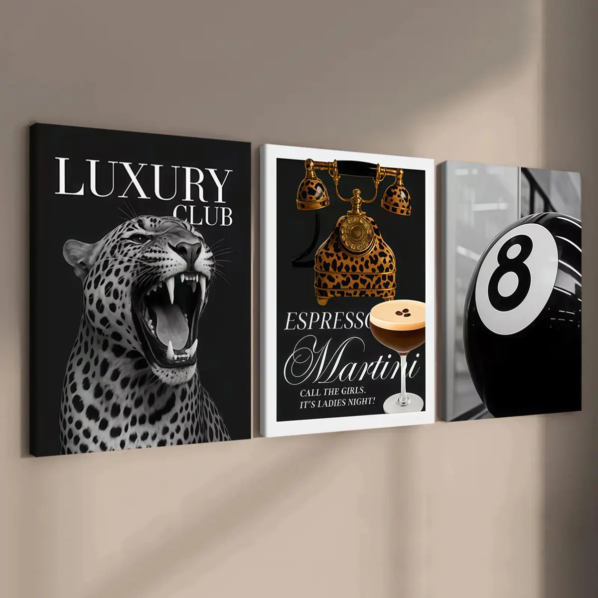 3-count wooden frame canvas, high-end bar and living room decoration poster, Leopard Print Design, living room and bedroom decoration, family poster, corridor wall art, Aesthetic wall decor, waterproof, art
