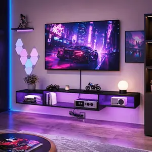 HOMBCK Wall-mounted floating TV stand, Available with optional colored or blue LED light strips, or without light strips. Color options include walnut, gray, black, and dark brown.