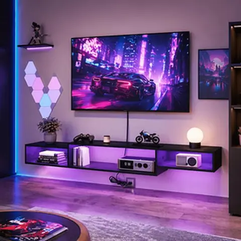 HOMBCK Wall-mounted floating TV stand, Available with optional colored or blue LED light strips, or without light strips. Color options include walnut, gray, black, and dark brown#SohoChic