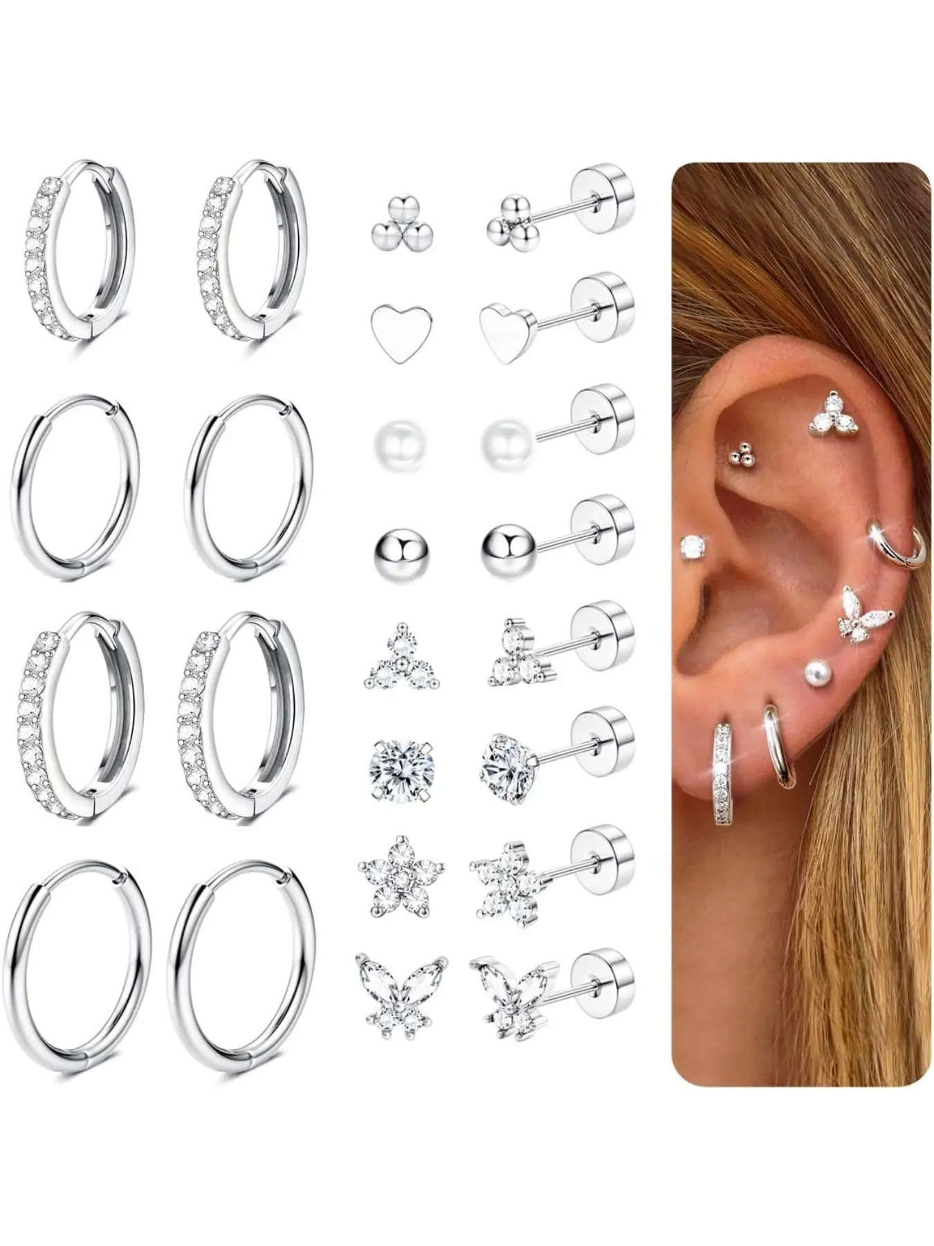 12Pairs Earrings Set Flat Back Earrings for Women Men Hypoallergenic Steel Earrings for Sensitive Ears 14K Gold Hoop Shape Earrings Stud Sleeper Earrings Flatback Cartilage Tragus Helix Piercing Earrings Stud Earrings Jewelry Earring Hoops