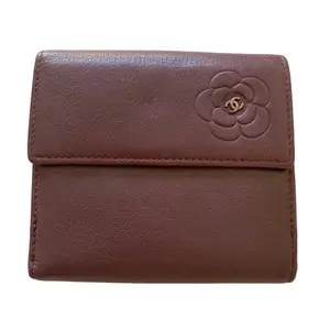 Pre-owned CHANEL Wallet Small Leather Goods camellia CC mark burgundy compact leather authentic with COA