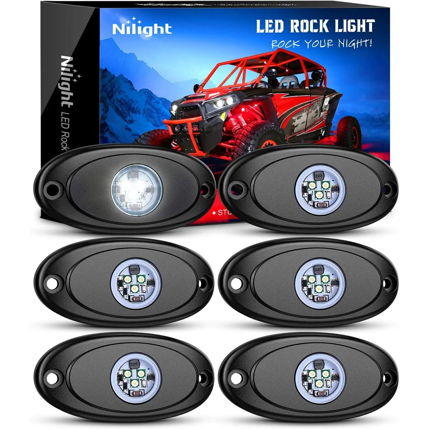Nilight Aluminum LED Rock Lights, 6PCS White Waterproof Lighting Pods, Car Lighting Solutions, Off-Road Car Lighting Accessories for Under Body Wheel Well Use on Trucks, ATVs, Off-Road Car Lighting Solutions