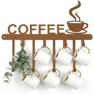 Metal Coffee Mug Holder Wall Mounted Coffee Cup Rack with 8 Hooks, Mug Cup Wall Rack Storage Organizer Metal Sign for Display Bar Home Kitchen Office Dining Room Decor Accessories