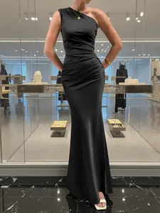 Black One Shoulder Satin Maxi Dress Womens Elegant Bodycon Long Dress Ruched Waist Slim Fit Mermaid Hem Formal Evening Party Wedding Guest Cocktail Night Out Dress