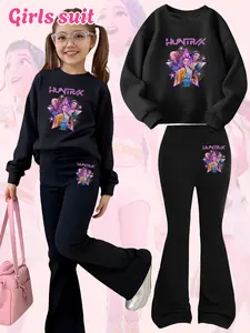 Girls Kpop Demon Hunters Set, Fall & Winter Comfort Fashion, Hoodie and Flared Bell Bottom Pants, Creative Anime Print, Perfect Christmas Gift