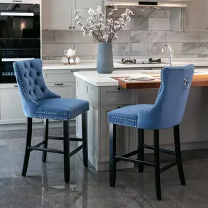 Bar Stools Set of 2, Modern Velvet Upholstered Bar Stool for Kitchen Island, Counter Height Barstools with Wood Legs, Button Tufted and Nailhead Trim (2 PCS)