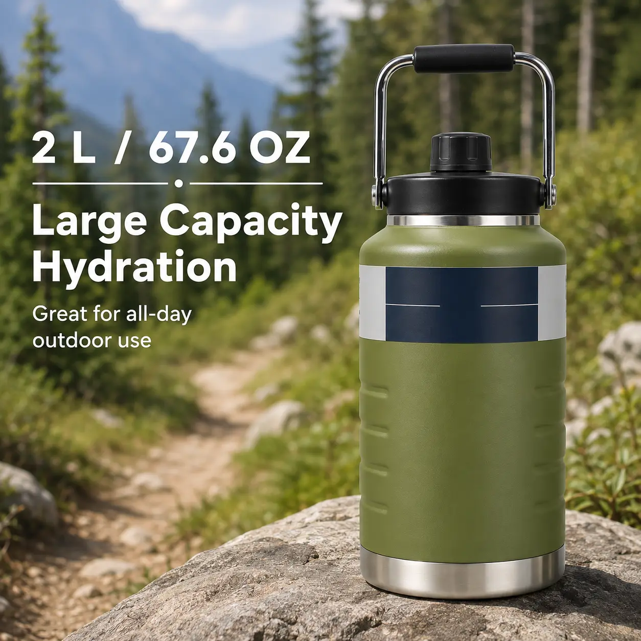 67 oz Insulated Water Bottle, Half Gallon Water Jug, BPA-Free & Leakproof, Stainless Steel Water Jug with Metal Handle, Sports, Gym, School, Camping, Hiking Metal Flask
