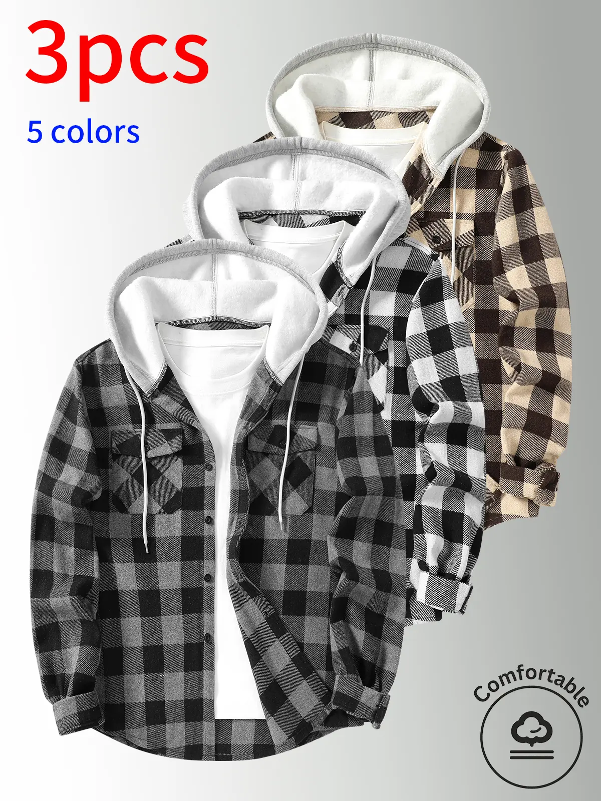 3-Pack Men Plaid Hooded Shirt Jacket, Plaid Lapel Casual Jacket, jackets,autumn fashionable style, ,Button Down Plaid OuterwearCasual Long Sleeve Plaid Coat, Fall Winter Men Shacket, Drawstring Hood, Loose Fit