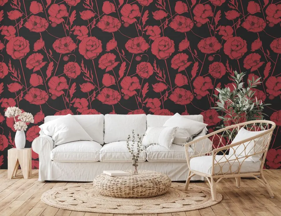 Peel and Stick Removable Fabric Wallpaper - Large Scale Floral - Botanical Sketch - Montserrat Poppy Red Black